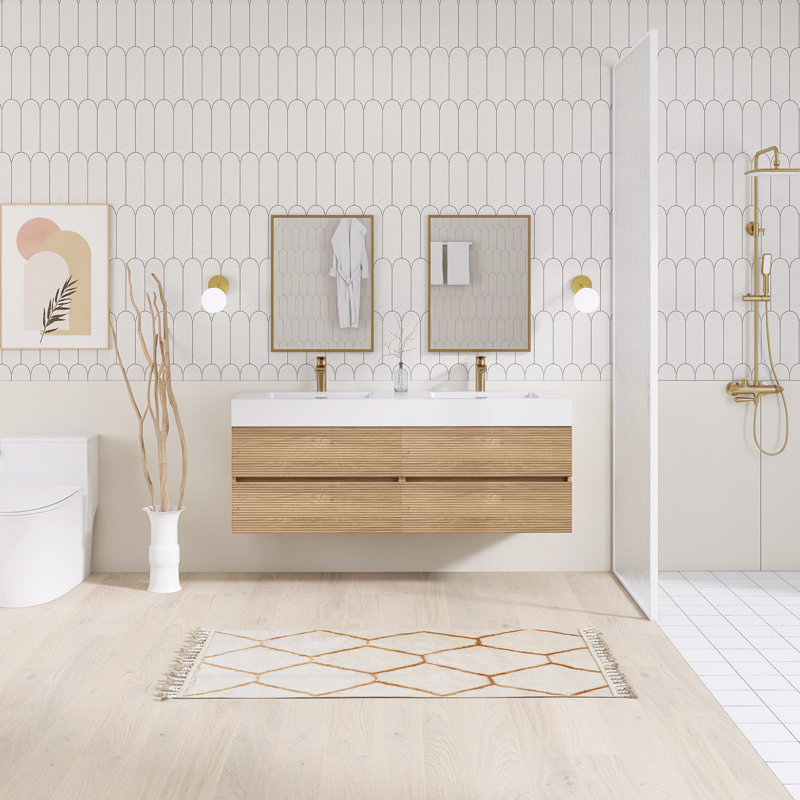60'' Wall Mounted Double Sink Bathroom Vanity With Solid Surface Top, Oak, 60"
