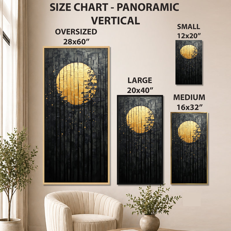 «Silver Gold Moonlit Pine Hollow I - Silver Moon Large Wall Art, Boho», reproduction d'art sur toile encadrée, Toile tendue