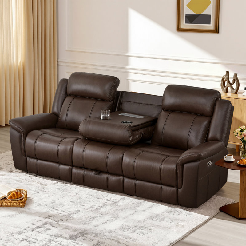 3-Seat Dual Motor zero clearence recliner Genuine Leather Power Recliner Sofa With Power Headrest And Console, Dark Brown
