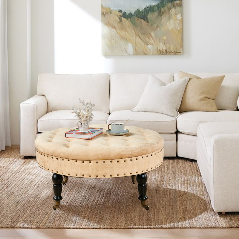 Laforge Velvet Ottoman, Almond Buff Beige Velvet