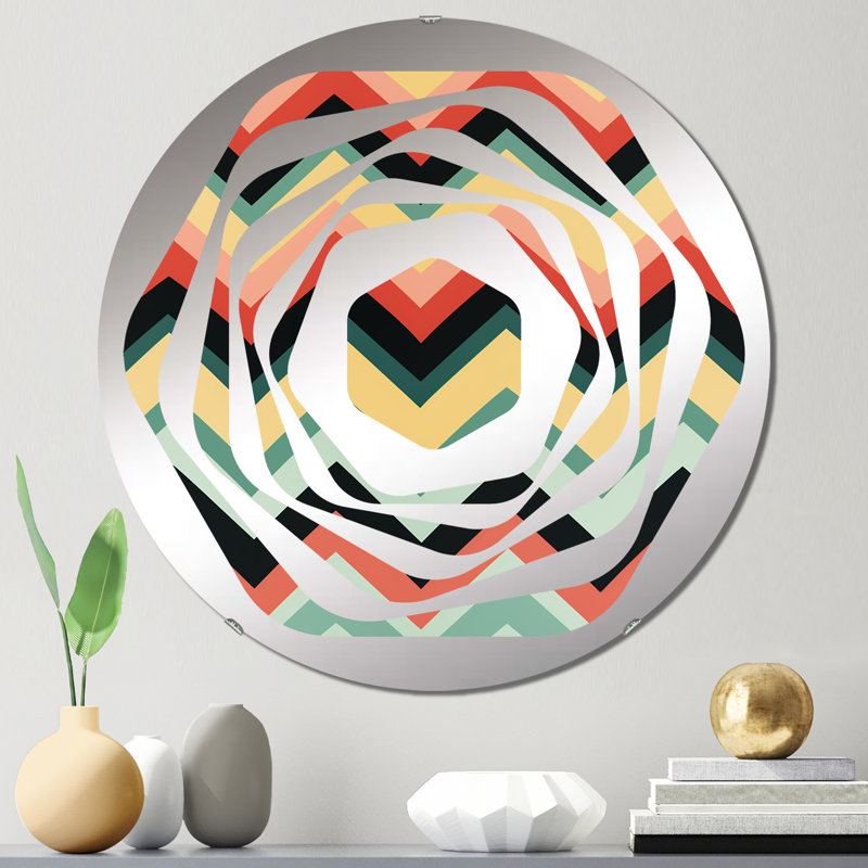 Miroir décoratif bleu et corail à chevrons rétro - Amorphe, 23,6 po x 23,6 po