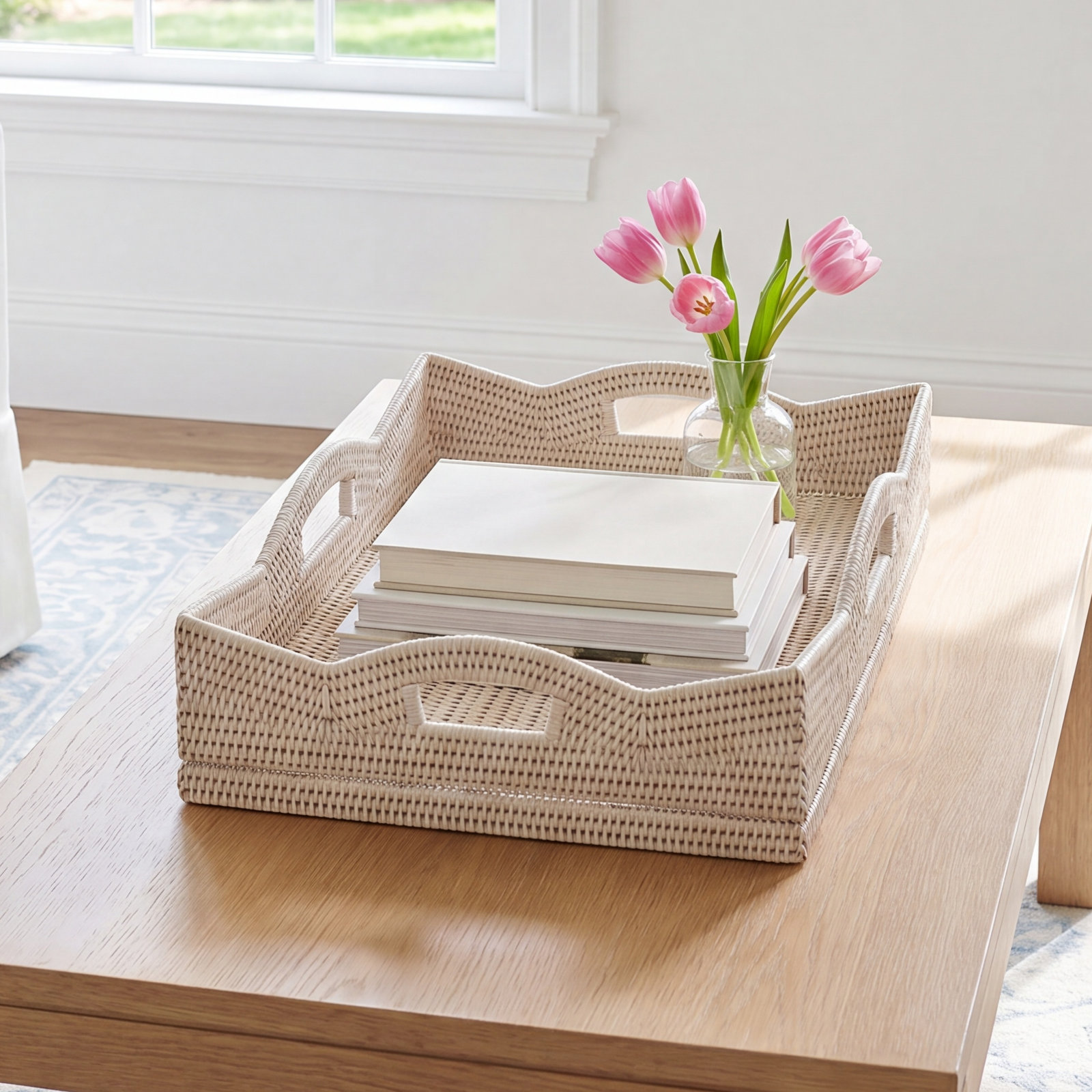 Handmade Coastal Rattan Basket With Handles 1, White
