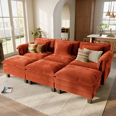 Amabilia 6-Piece 116'' Comfy Cloud Modular Sectional Sofa With Deep Seat, 3-Seat Sofa With Removable Ottomans-Chenille Fabric-Orange