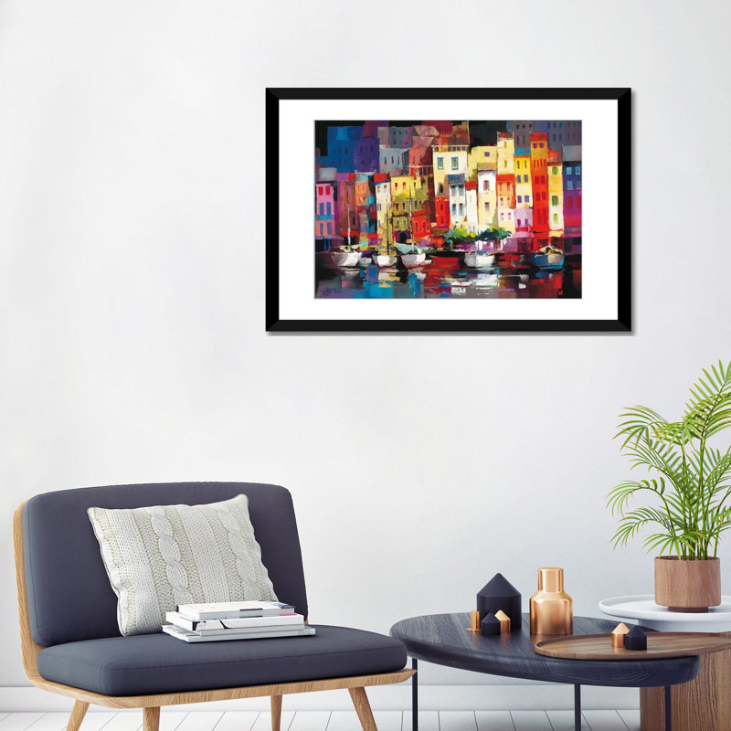 «Seaport Town I» par willem Haenraets - reproduction d'art sur toile tendue, Papier d'art encadré noir, Blanc