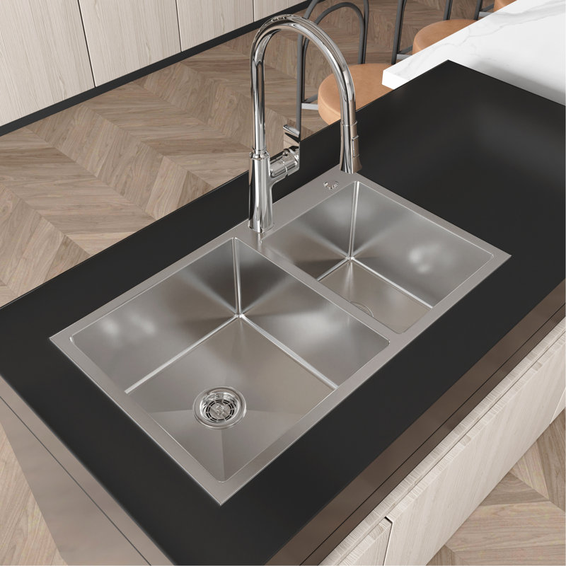 Évier de lave-vaisselle encastré 32 po x 19 po x 10 po, acier inoxydable, revêtement satiné et acier inoxydable S304 à double cuve silencieuse, finition à la décoloration, guide d'installation facile