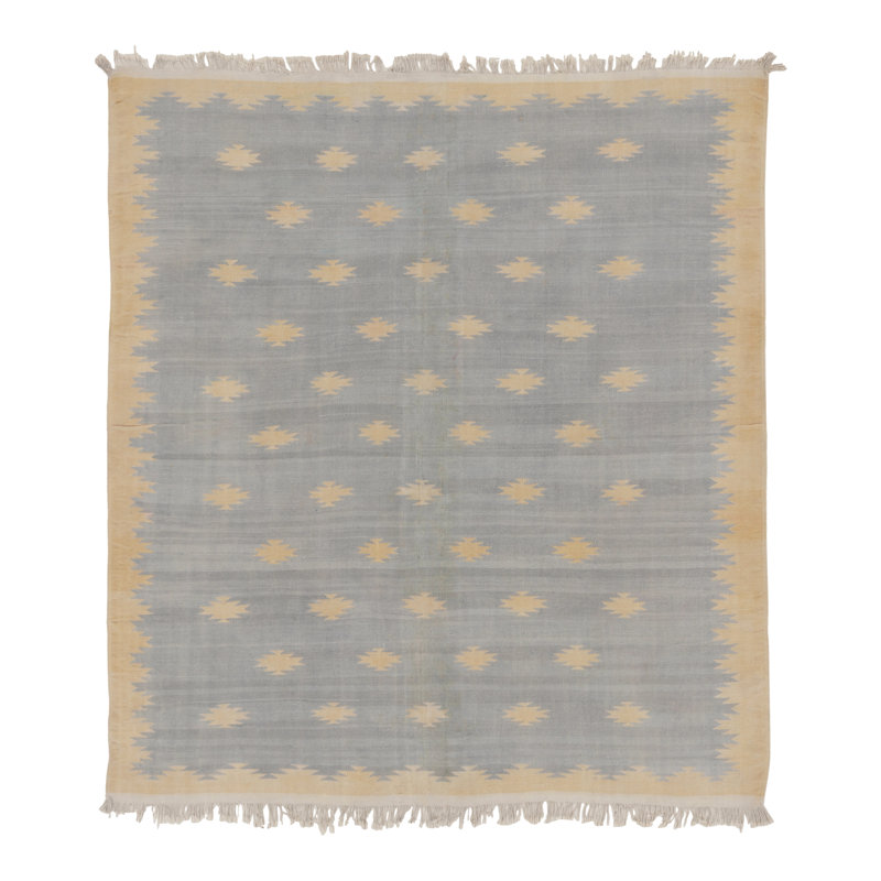 Vintage Dhurrie Rug In Blue & Beige With Geometric Stepped Motifs - Rug & Kilim