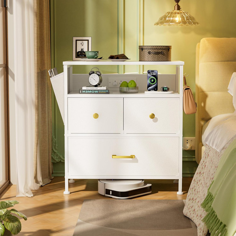 Nightstand with Charging Station and LED Lights, End Table with 3 Drawers and Shelf, White Dresser Landri