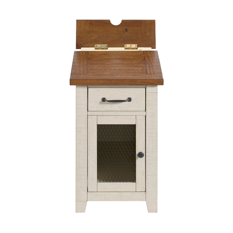 Jakendra Solid Wood End Table with Storage and Built-In Outlets, Honey Top/White Base