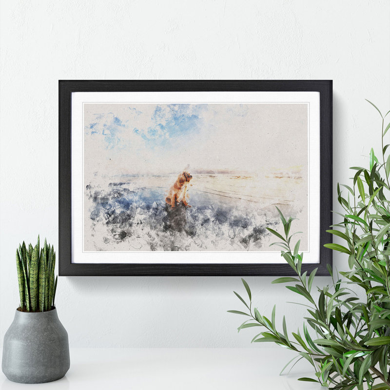 King Charles Spaniel upon the Beach - Picture Frame Painting Print, 62cm H x 87cm W x 2cm D, Black Framed