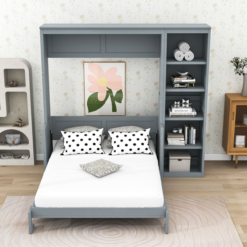 Lit escamotable en bois avec tablettes de rangement et bureau, Gris, Double
