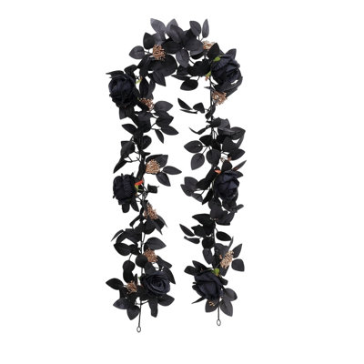 3pcs Artificial Black Rose Garland, 68.9 Inch Fake Black Floral Vine with Leaves & Golden Stamens for Halloween, Gothic Wedding, Arch, Mantel, Party Wall Decor