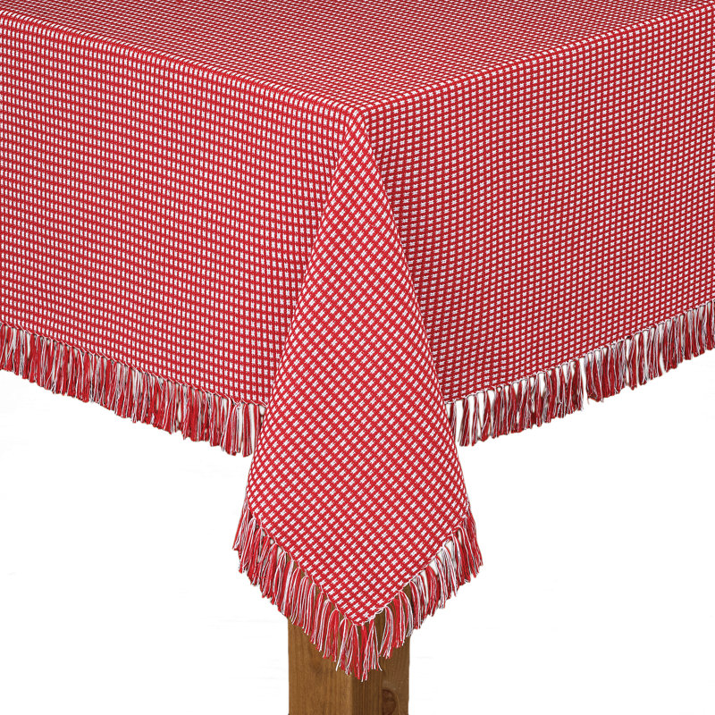 Red and White Checkered Cotton Tablecloth with Fringe