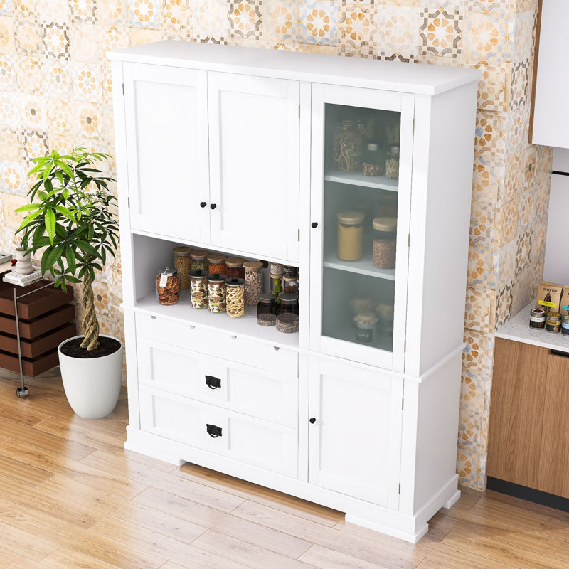 Garde-manger en bois avec tablettes de rangement, tiroirs et portes, Blanc