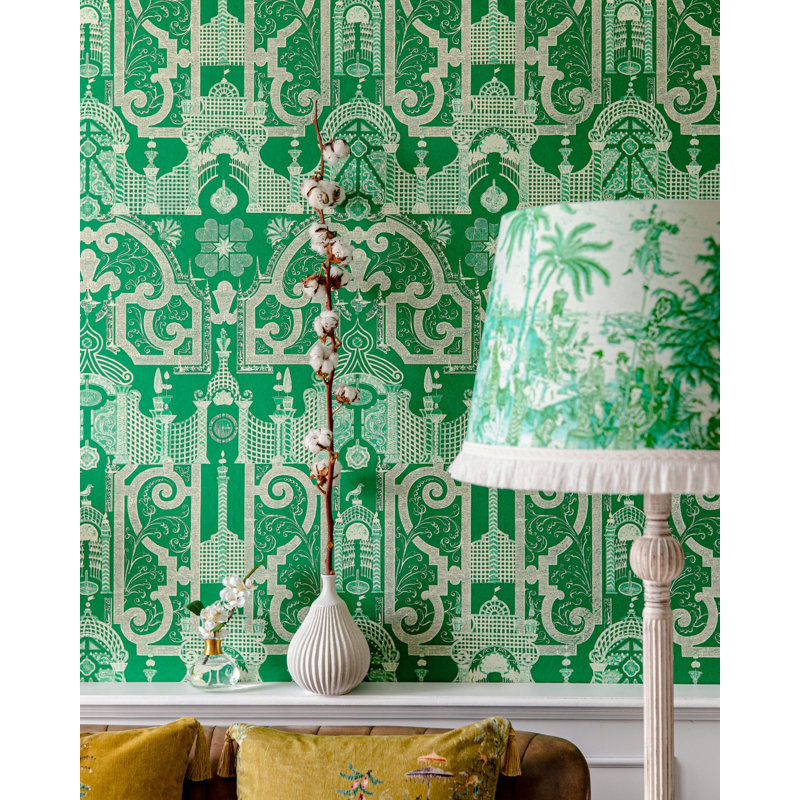 Chinese Garden Abstract Wallpaper Roll, Green/Taupe