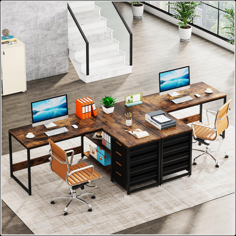 Bureau d'ordinateur en L 59 po avec tiroirs et tablettes de rangement, poste de travail de coin réversible, bureau d'écriture avec classeur