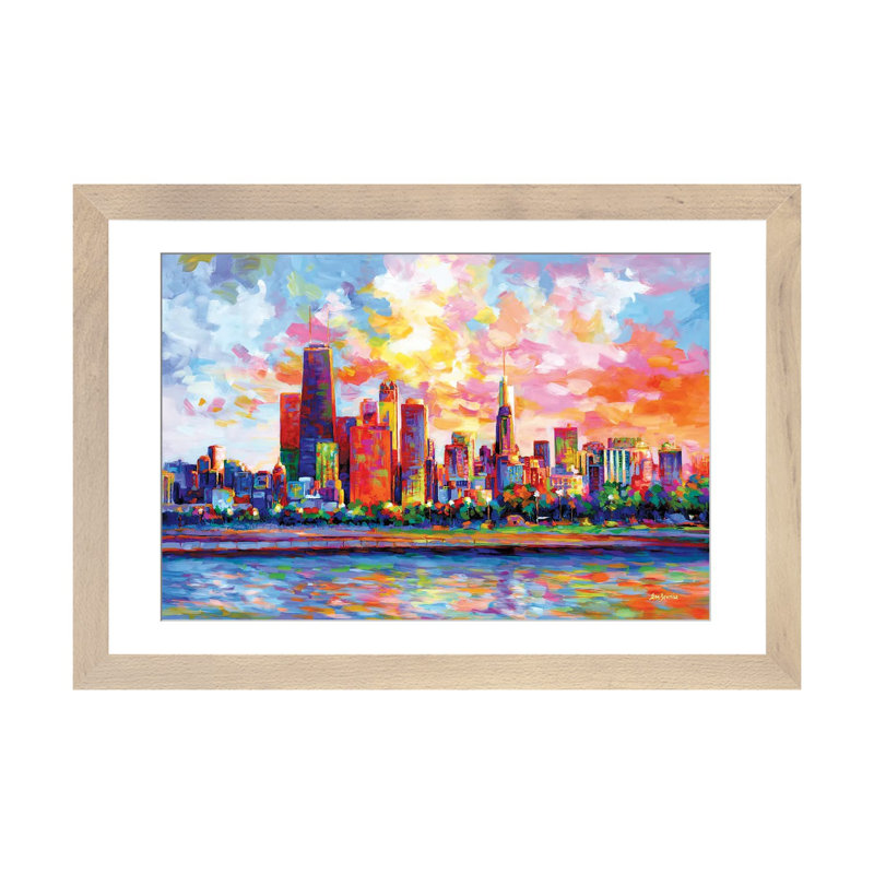 Chicago Skyline by Leon Devenice iCanvas, Natural Wood Open Corner Frame Paper, 24" H x 32" W x 1" D