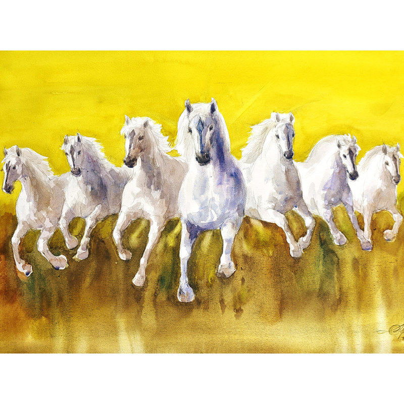 Sept chevaux sur fond jaune | Art esthétique | Achintya Hazra