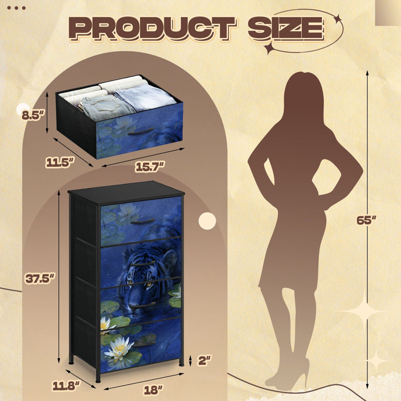 Commode pour chambre à coucher avec 4 tiroirs de rangement Blue Tiger Lotus Pond Waters Tranquil Waters