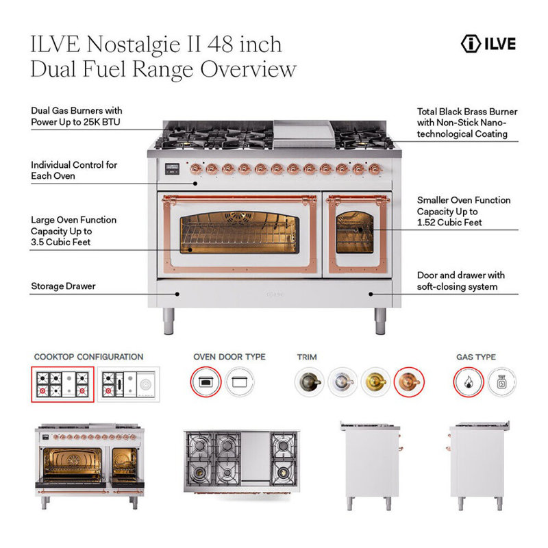 ILVE Nostalgie II Noblesse 48 inch Dual Fuel Range (8 Sealed Burners + Griddle, Solid Door, RAL), Burnished, Liquid Propane