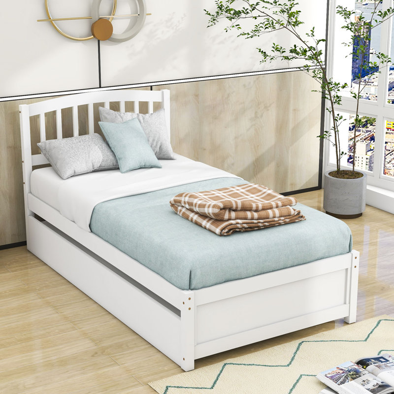 Mashud Twin Size Wood Platform Bed Frame with Trundle, White