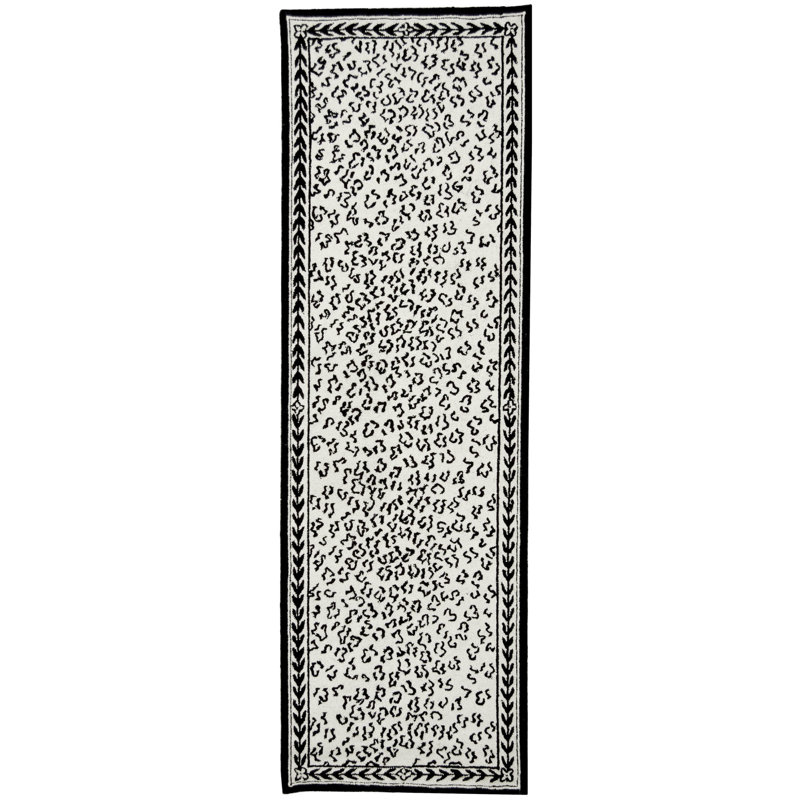White and Black Floral Hand-Knotted Wool Runner Rug