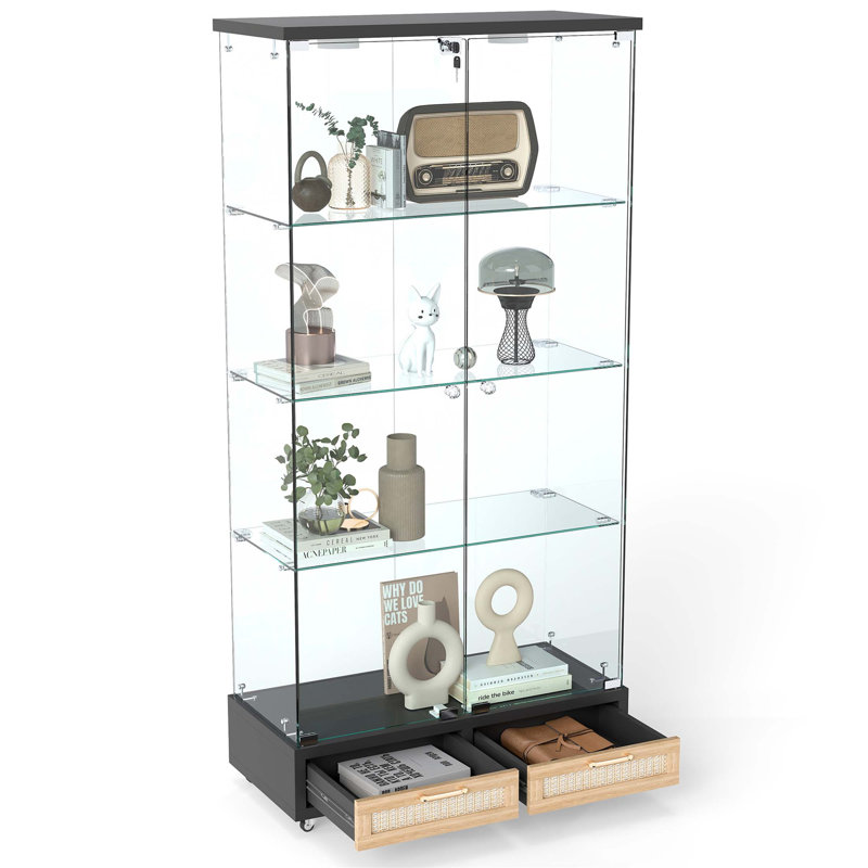 Modern Glass Display Cabinet With Large Drawers, Quick-Assembly, LED Lights, And Tempered Glass Shelves For Living Room And Bedroom