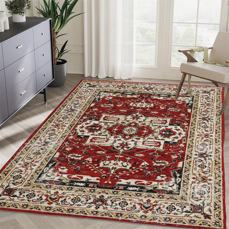 Area Rug Vintage Bohemia Large Persian Non-Slip Washable Rug For Living Room Kitchen Bedroom Living Room Flower Design Yellow/Red