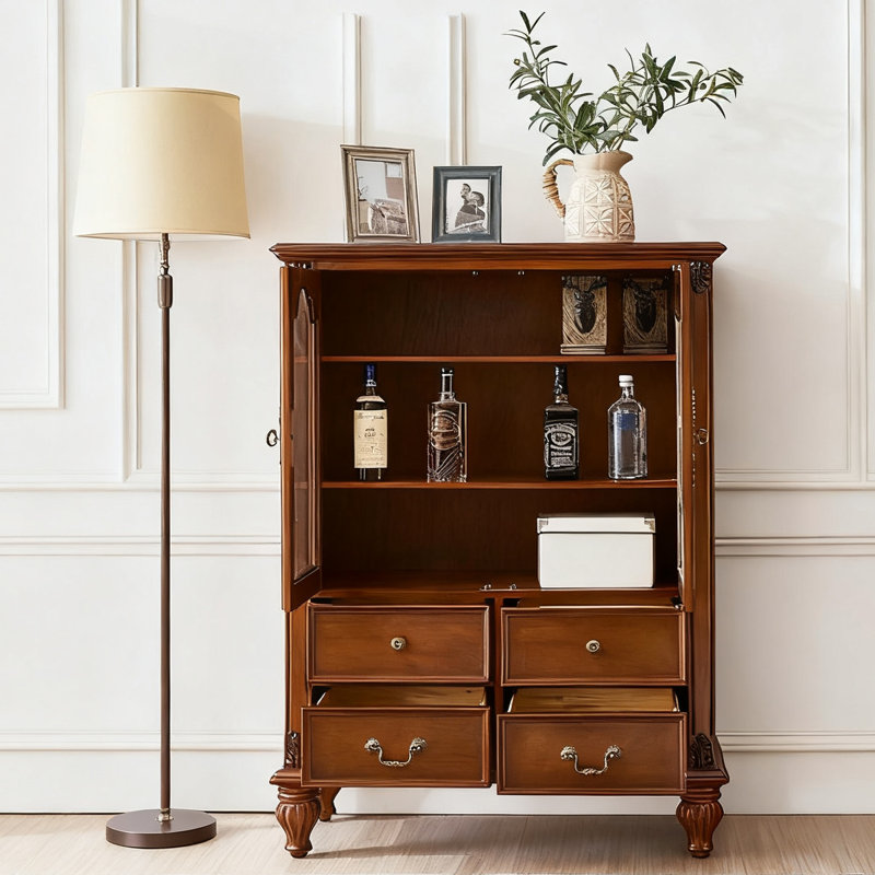 Vintage Solid Wood Display Cabinet with Drawers, Ornate Design, Tan