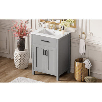 Meuble-lavabo de 24 po avec lavabo en céramique, tiroir rabattable, rangement à double porte, fonction de fermeture en douceur et finition exquise pour les espaces compacts 24 po avec rangement intelligent, cadre en bois massif