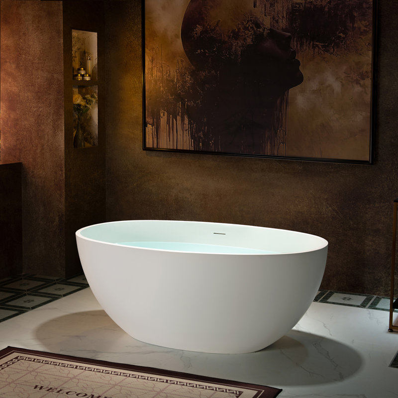 55" Freestanding Soaking Solid Surface Stone Resin Bathtub with Integrated Overflow and Pop-up Drain, Matte White