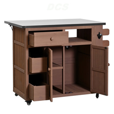 Outdoor Solid Wood Extendable 19.3''/28'' Kitchen Island, Stainless Steel Top Grill Table With Side Spice Rack, Kitchen Cart With Drawers, Storage Cabinet For Backyard, BBQ,Party, Brown, Kitchen Island