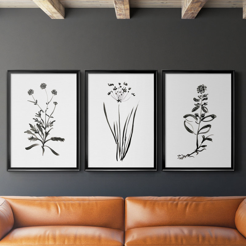 " Inky Botanical I " 3 - Pieces, 36.5" H x 26.5" W x 1" D, Black Framed Canvas