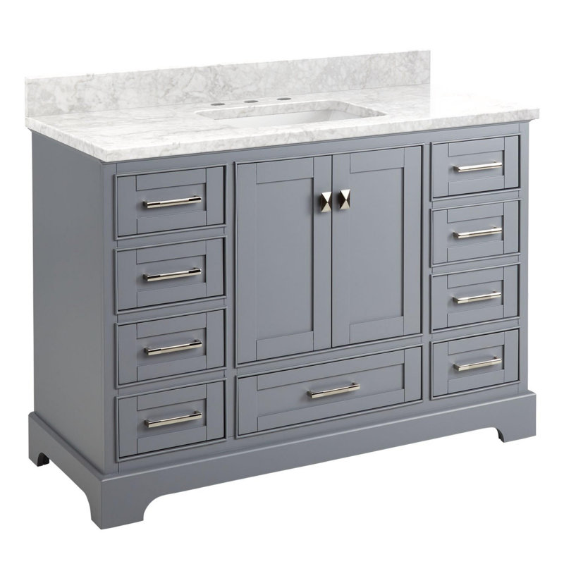Quen 48" Freestanding Single Basin Vanity Set with Cabinet, Vanity Top, Gray, Carrara Marble, 8" Widespread
