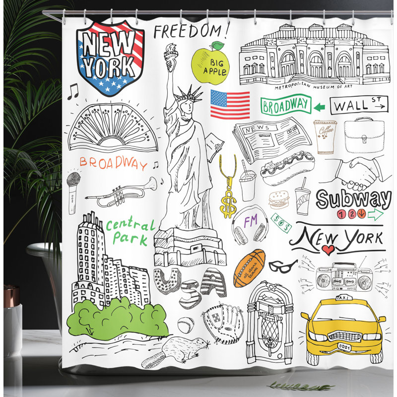 New York City Sketch Art Fabric Shower Curtain with Hooks