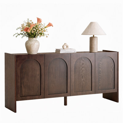 Buffet 63 "avec 4 portes, armoire de rangement en placage de bois massif avec tablettes réglables pour la salle à manger ou l'entrée, noyer