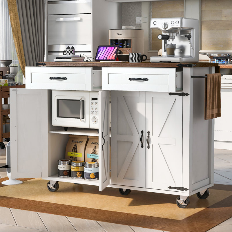  53.5''Farmhouse Kitchen Island with Power Outlet, Kitchen Storage Island with Drop Leaf, Spice Rack and Drawer, Rolling Kitchen Cart on Wheels, for Home, Kitchen and Dining Room, Black