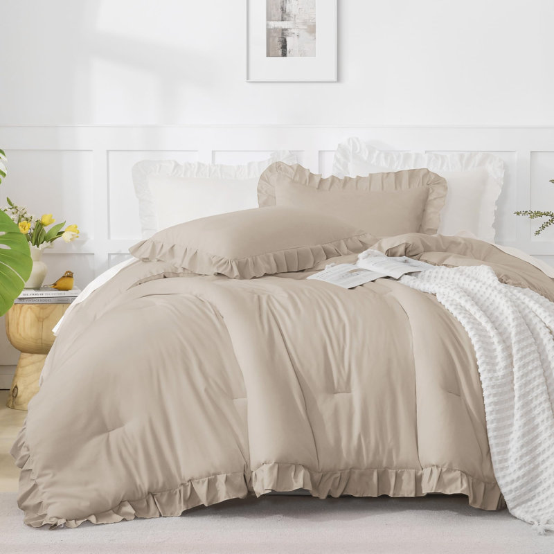 Andency Oversized King Comforter Set 120x98, 3 Pieces Ruffle Shabby Chic Famhouse Bedding Set, All Season Lightweight Fluffy Bed Set for Girls Women, Wheat