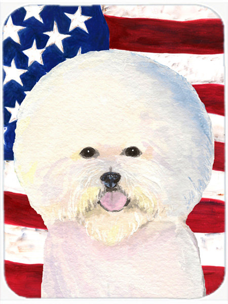 Planche à découper en verre « American Flag » aux États-Unis avec Bichon frisé trinx