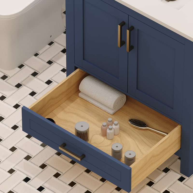 Rooh 30'' Single Bathroom Vanity with White Quartz Top, Blue, Brushed Gold