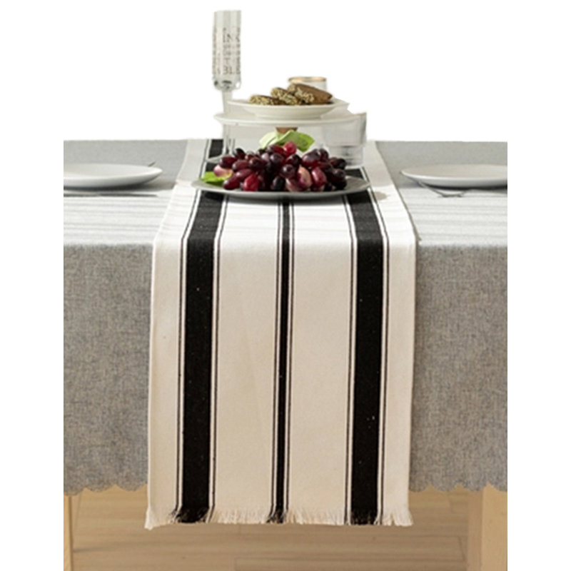 Black Stripes Fringe Canvas Cotton Table Runner, 14"x71", 87" x 14"