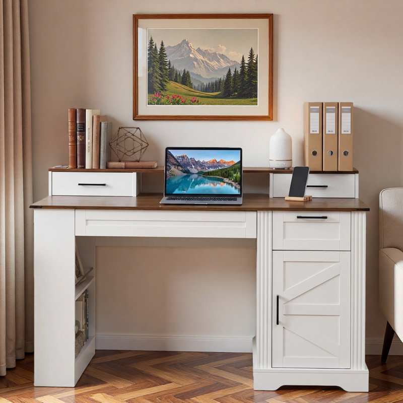 Farmhouse Office Desk With Storage Cabinet, Charging Station, Barn Door Design, Keyboard Tray, Monitor Stand And Pegboard