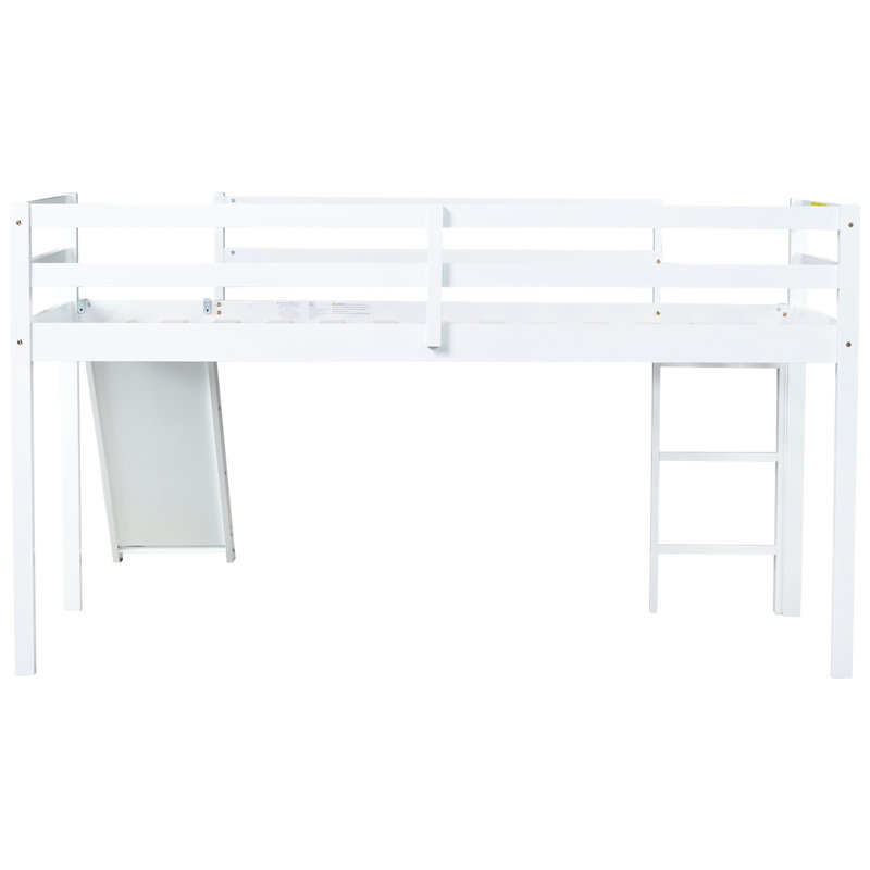 Twin Low Loft Bed with Slide and Ladder, Rubber Wood Kids Bed with Safety Guardrails, Underbed Play Space,White
