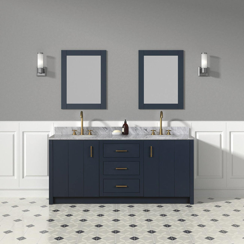 Meuble-lavabo double Cora, Bleu marine, Or, gris