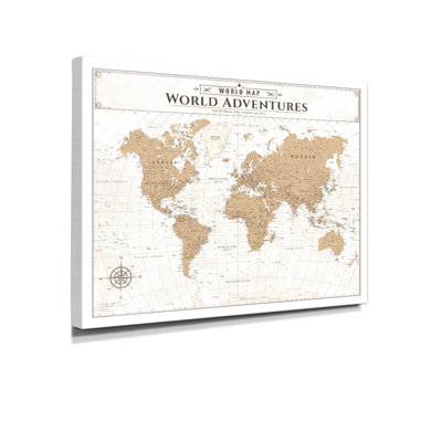 Vintage World Map Canvas Wall Art, Large Travel Map Print for Home, Office, or Study, Push Pin Map Decor for Travel Lovers, Ready to Hang