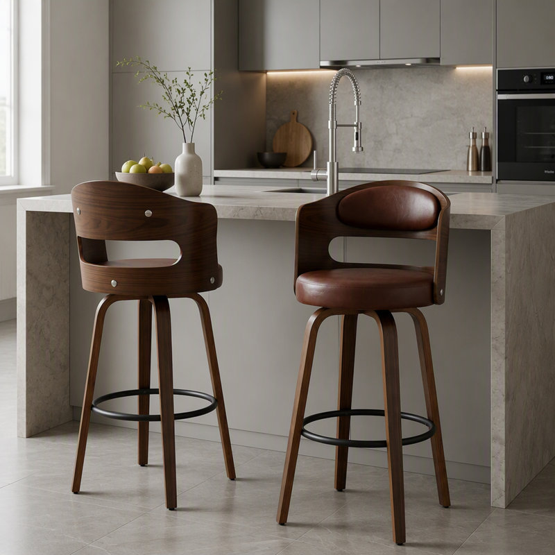Ensemble de 2 tabourets de bar pivotants à hauteur de comptoir de 27,56 po avec dossier, sièges en cuir de polyuréthane, brun, pour îlot de cuisine et bar pour la maison