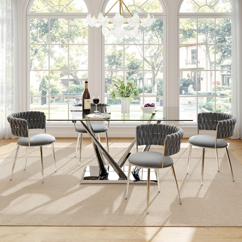 Ensemble de salle à manger à piédestal luxtury, 5 pièces: table, 4 chaises, Gris, Argent argent