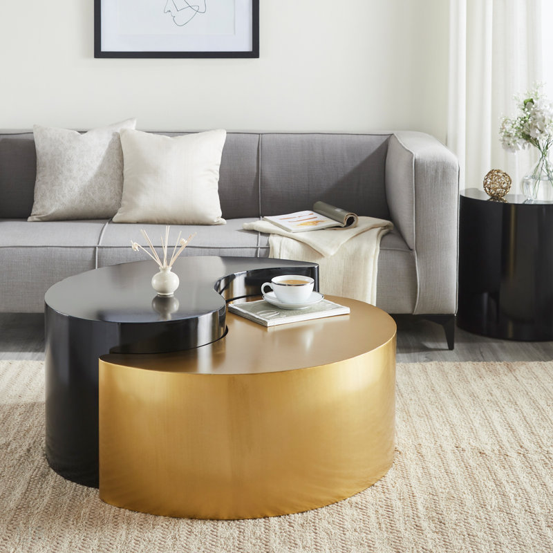Table basse de style moderne et contemporain avec cadre en tôle de fer, Noir et or