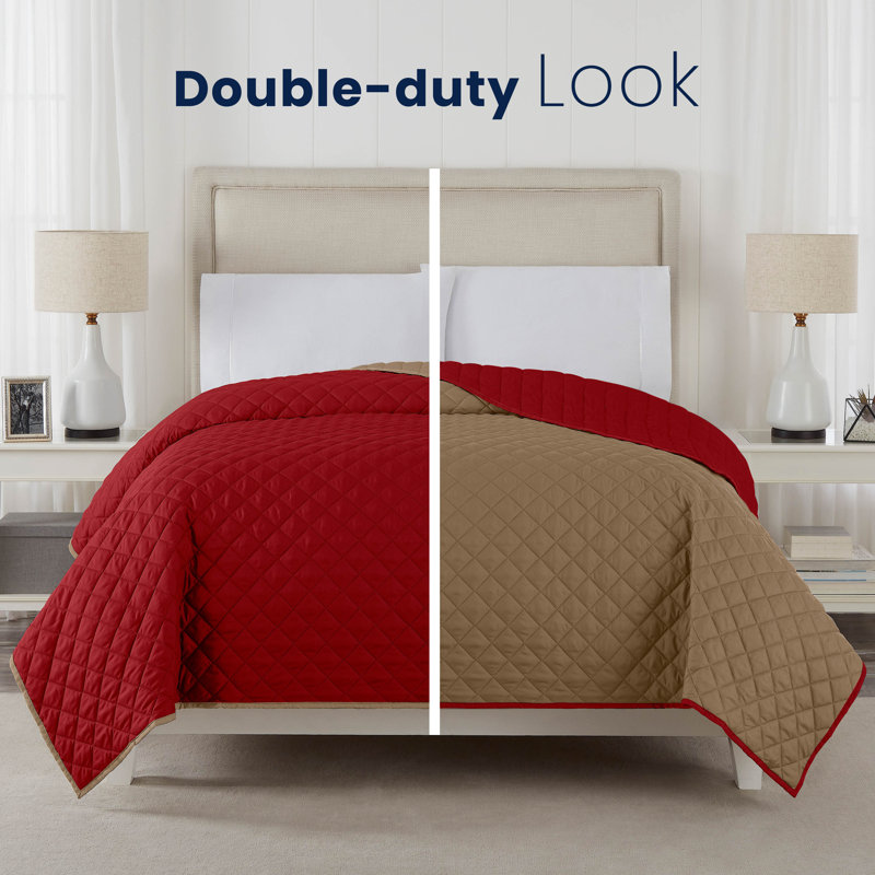 Martex Reversible Coverlet, Khaki / Red, Twin