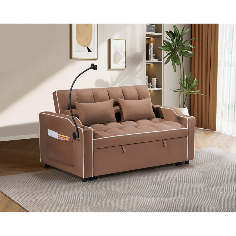 Pull-out Sofa Bed, Adjustable Back and with USB port, Brown Fabric