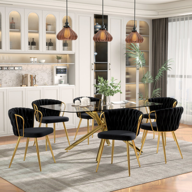 Elegant 71" Modern Retro Dining Table Set For 4-8, Rectangular Glass Top Dining Table With Stainless Steel Base & Velvet Arm Chairs, Multi-Purpose Kitchen Dining Room Furniture For Gathering, Living Room, Restaurant